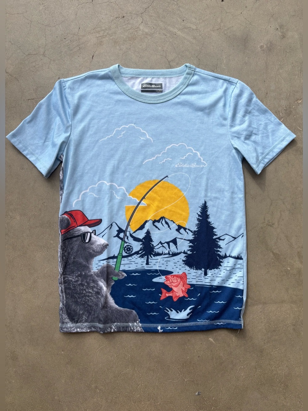 Eddie Bauer Light Blue Graphic Bear Fishing Tee with Yellow Sun